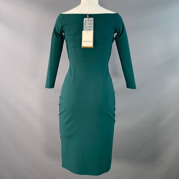2 Kaliska Green Velvet Polyamide Blend Off Shoulder Fitted Midi Dress - Picture 4 of 11